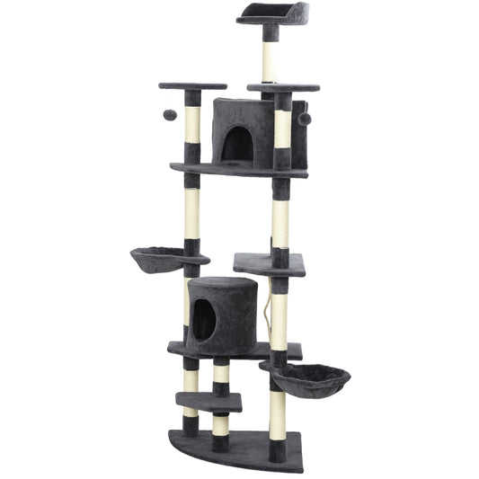 79" Cat Tree Tower, Large Cat Condo Furniture, Multi-Level Cat Tower with Scratching Posts, Cozy Hammock, Dangling Balls - Dark Grey