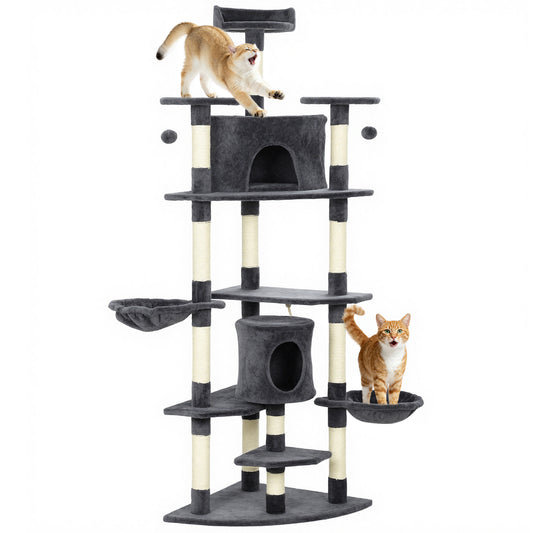 79" Cat Tree Tower, Large Cat Condo Furniture, Multi-Level Cat Tower with Scratching Posts, Cozy Hammock, Dangling Balls - Dark Grey