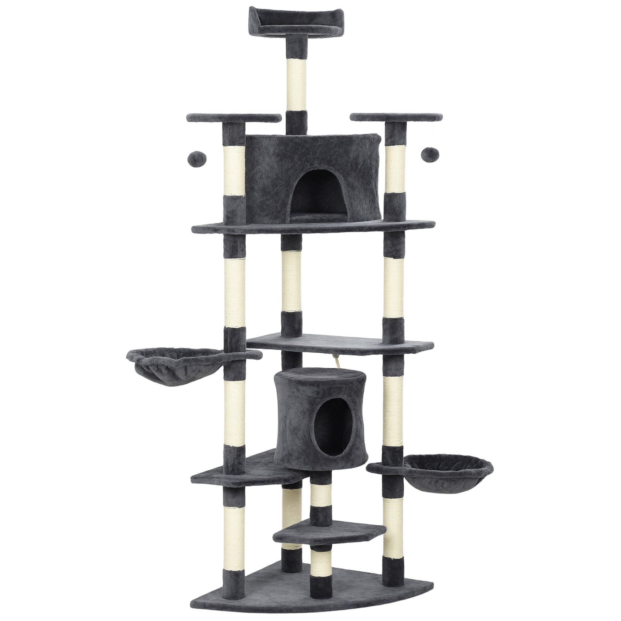 79" Cat Tree Tower, Large Cat Condo Furniture, Multi-Level Cat Tower with Scratching Posts, Cozy Hammock, Dangling Balls - Dark Grey