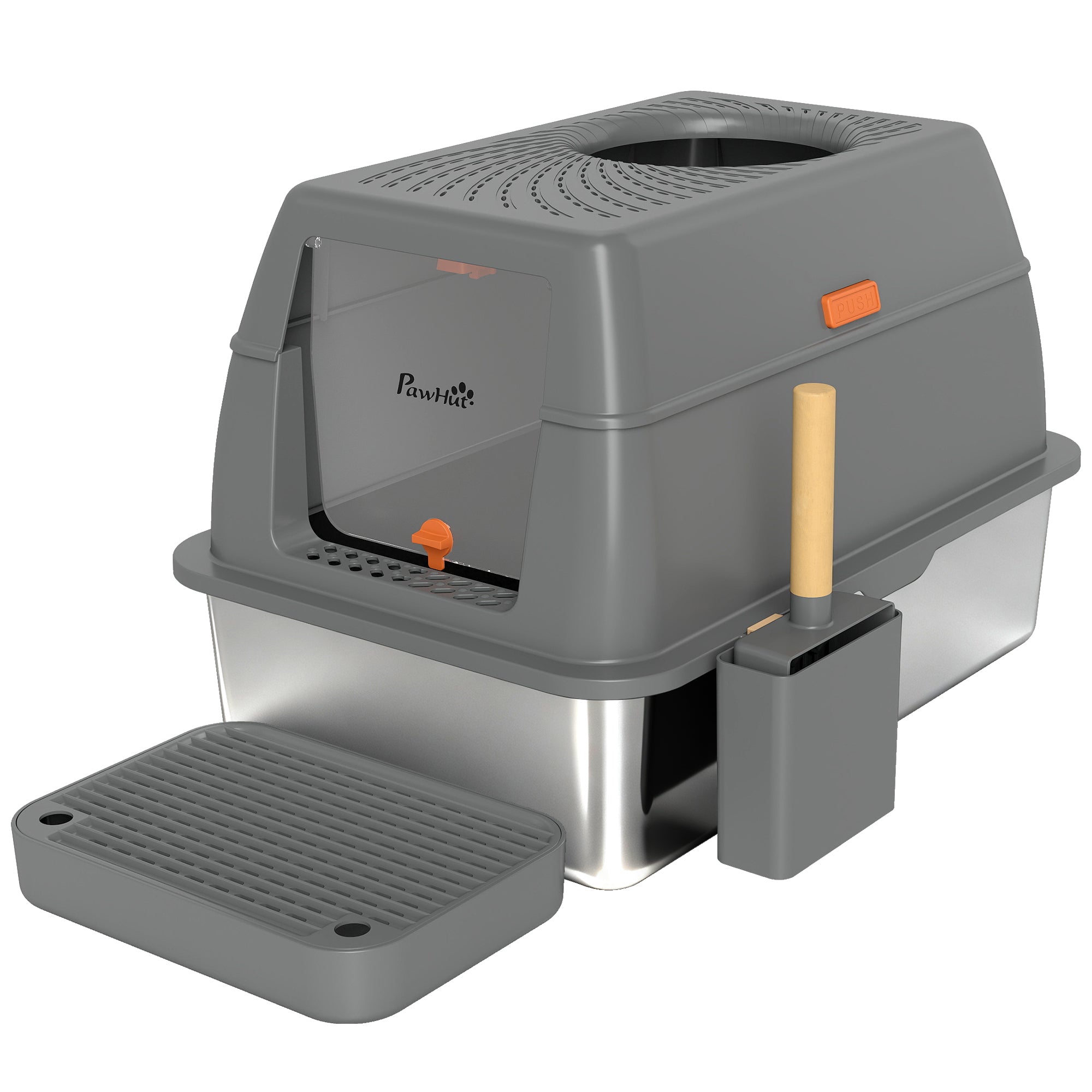 XL Stainless Steel Litter Box with Lid, 80L Extra Large Enclosed Cat Litter Box with Front/Top Entry, Trapping Step, Scoop, for Large Big Cats, Dark Grey