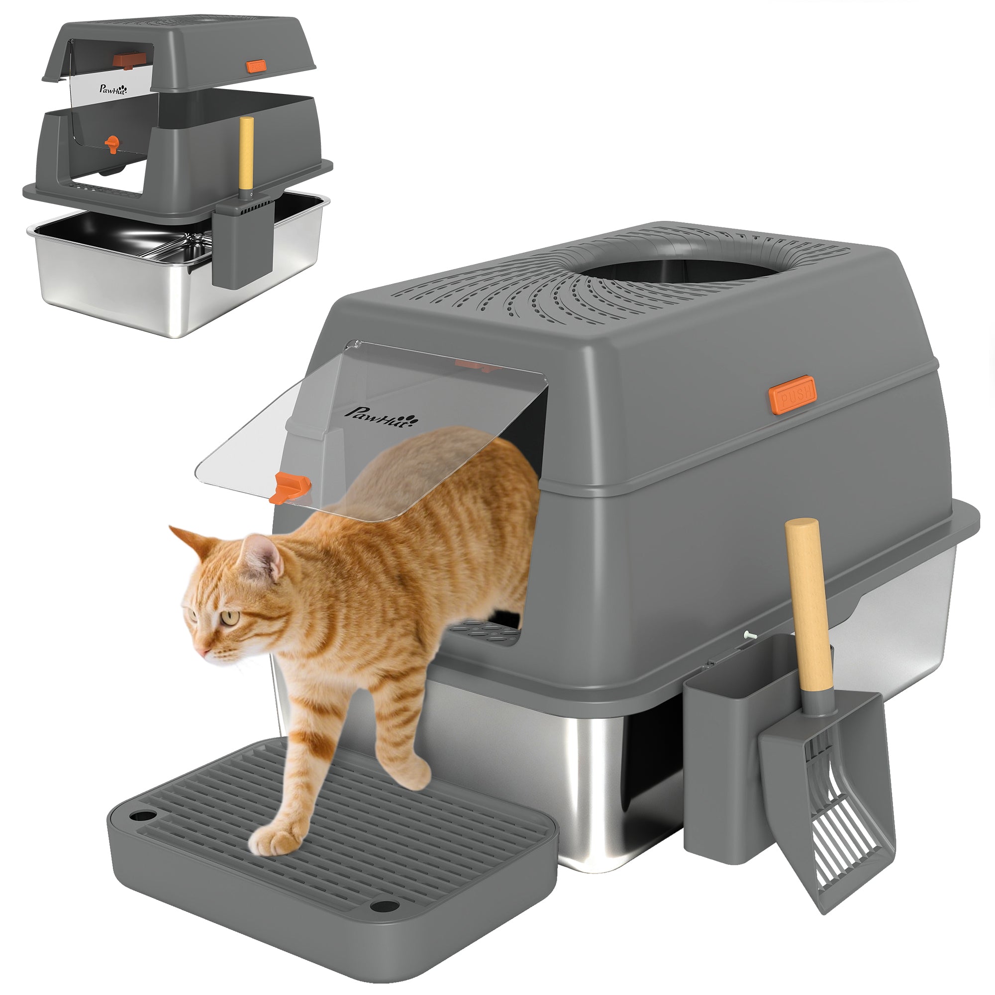 XL Stainless Steel Litter Box with Lid, 80L Extra Large Enclosed Cat Litter Box with Front/Top Entry, Trapping Step, Scoop, for Large Big Cats, Dark Grey