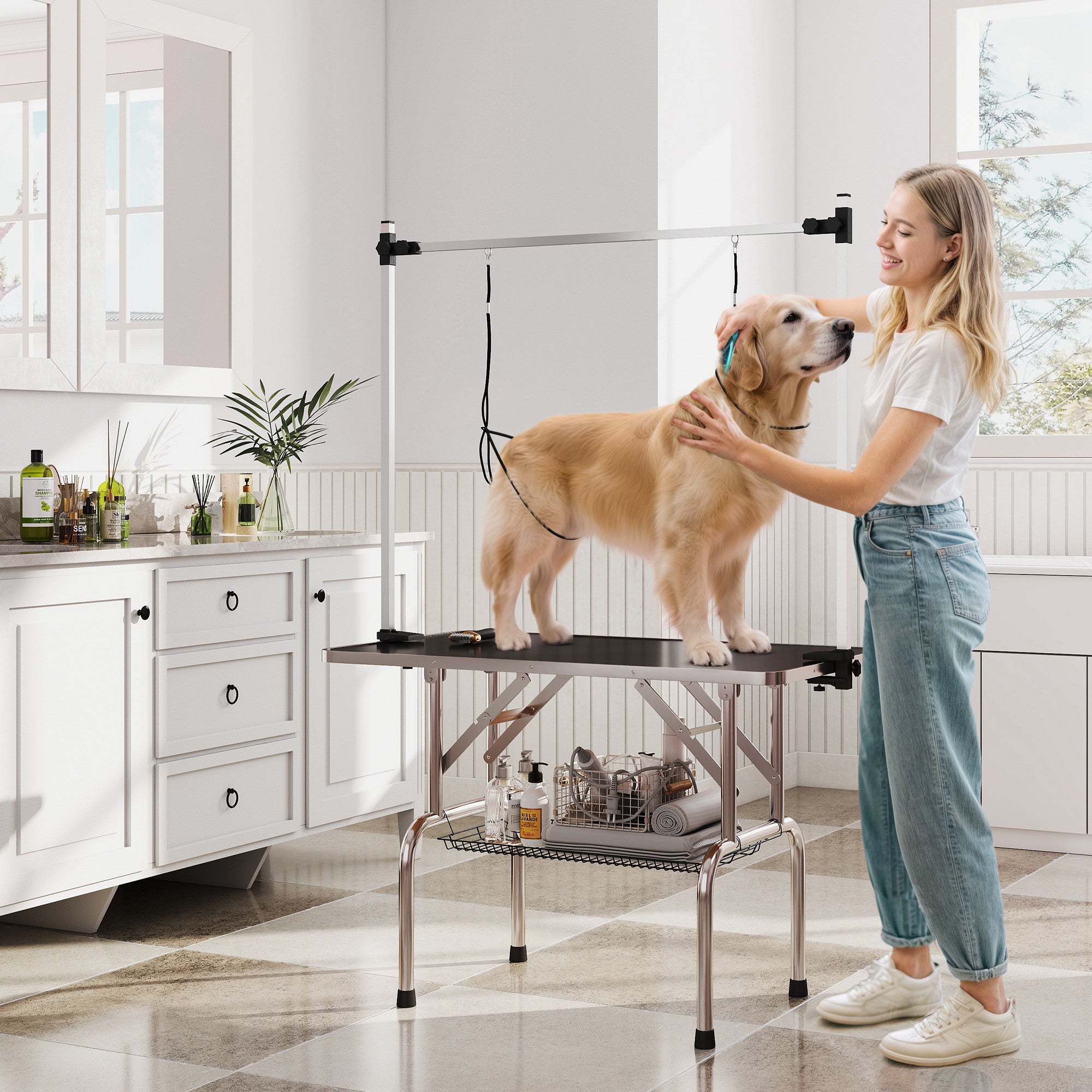 42" Foldable Dog Grooming Table Adjustable Pet Cat Drying Beauty Table Rubber Top with 2 Loops Storage Basket Metal Black