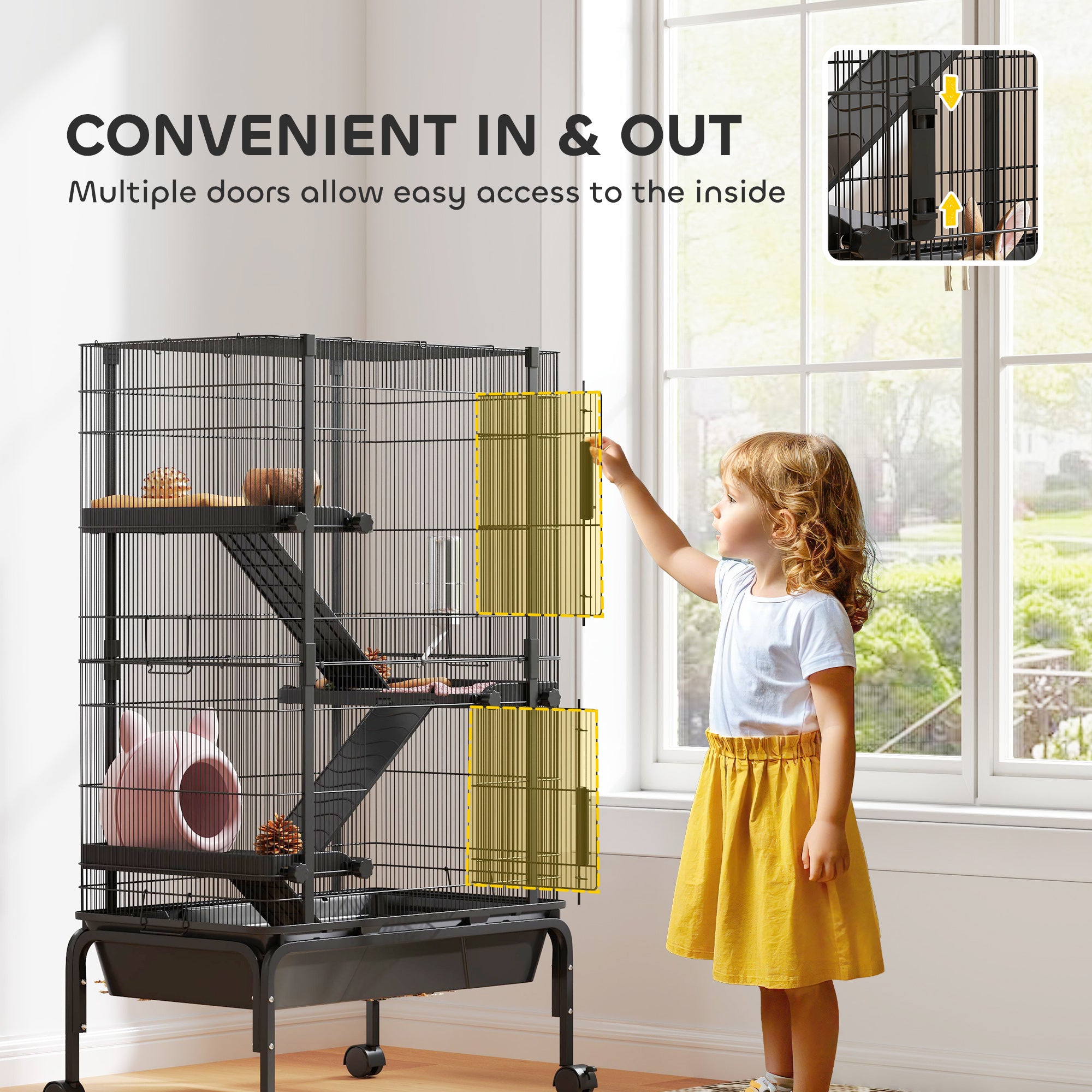 47"H Ferret Cage, Large 4-Tier Guinea Pig Cage with Wheels, Ramps, Bowl, Water Bottle & Removable Tray, Metal Small Animal Habitat for Rabbits, Chinchillas, Black
