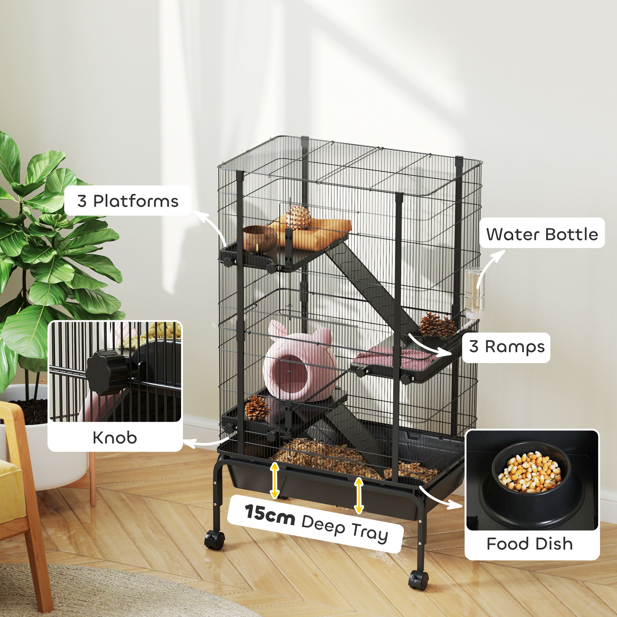 47"H Ferret Cage, Large 4-Tier Guinea Pig Cage with Wheels, Ramps, Bowl, Water Bottle & Removable Tray, Metal Small Animal Habitat for Rabbits, Chinchillas, Black