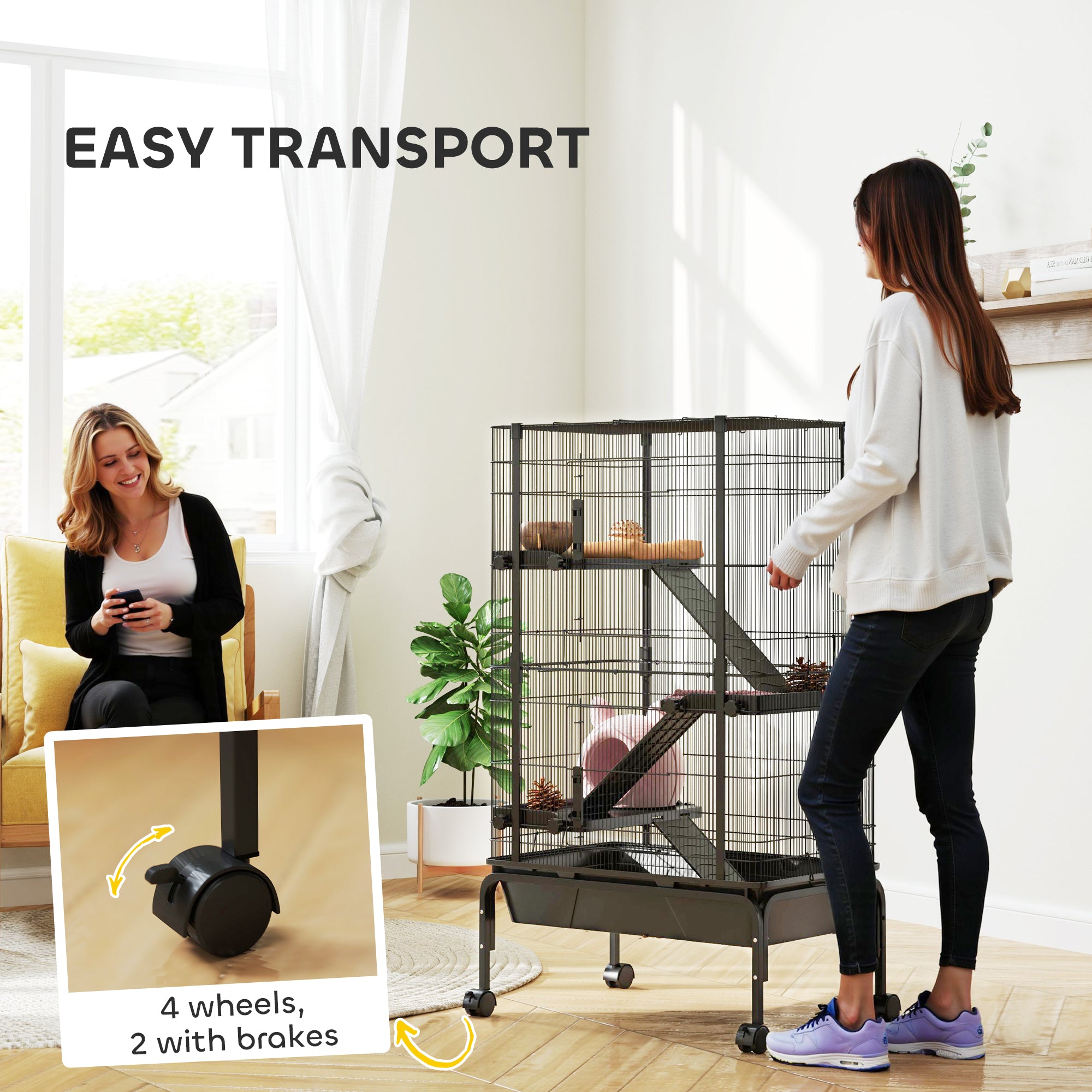47"H Ferret Cage, Large 4-Tier Guinea Pig Cage with Wheels, Ramps, Bowl, Water Bottle & Removable Tray, Metal Small Animal Habitat for Rabbits, Chinchillas, Black