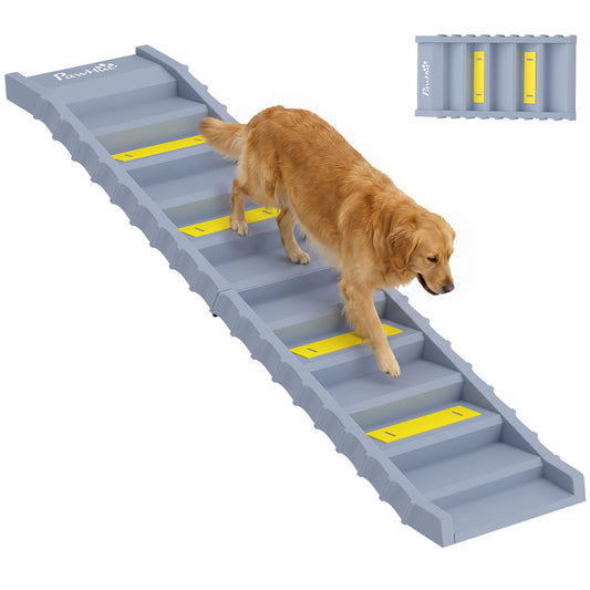Foldable Dog Ramp for Cars High Bed, Portable 10-Step Dog Stairs with Non-Slip Strips & Pads, Lightweight Pet SUV Truck Steps, Support Up to 68 KG, Grey