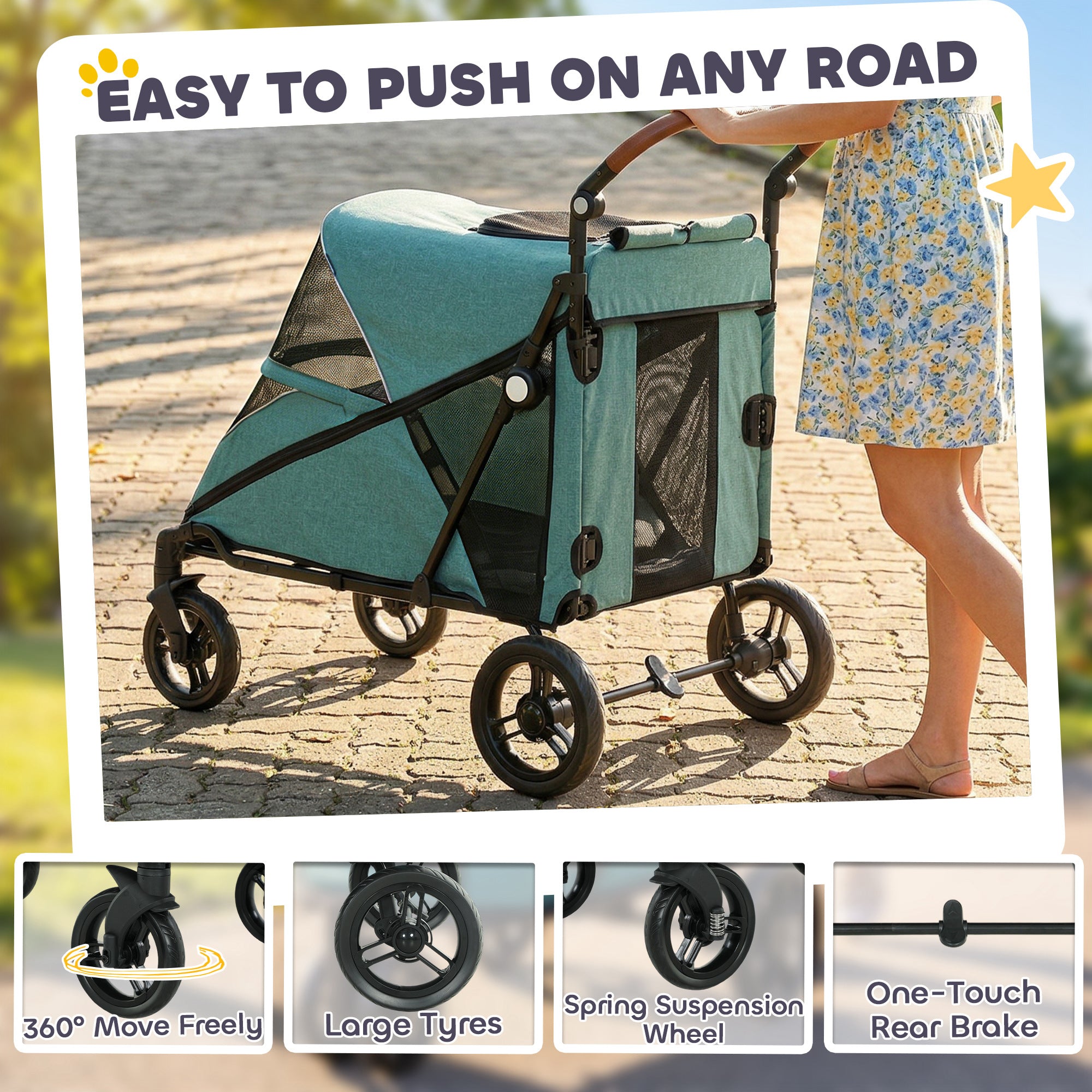 PawHut Dog Stroller for Large Dogs Up to 88 LBS with All-Terrain Spring Suspension, 8-Position Adjustable Handle, Blue