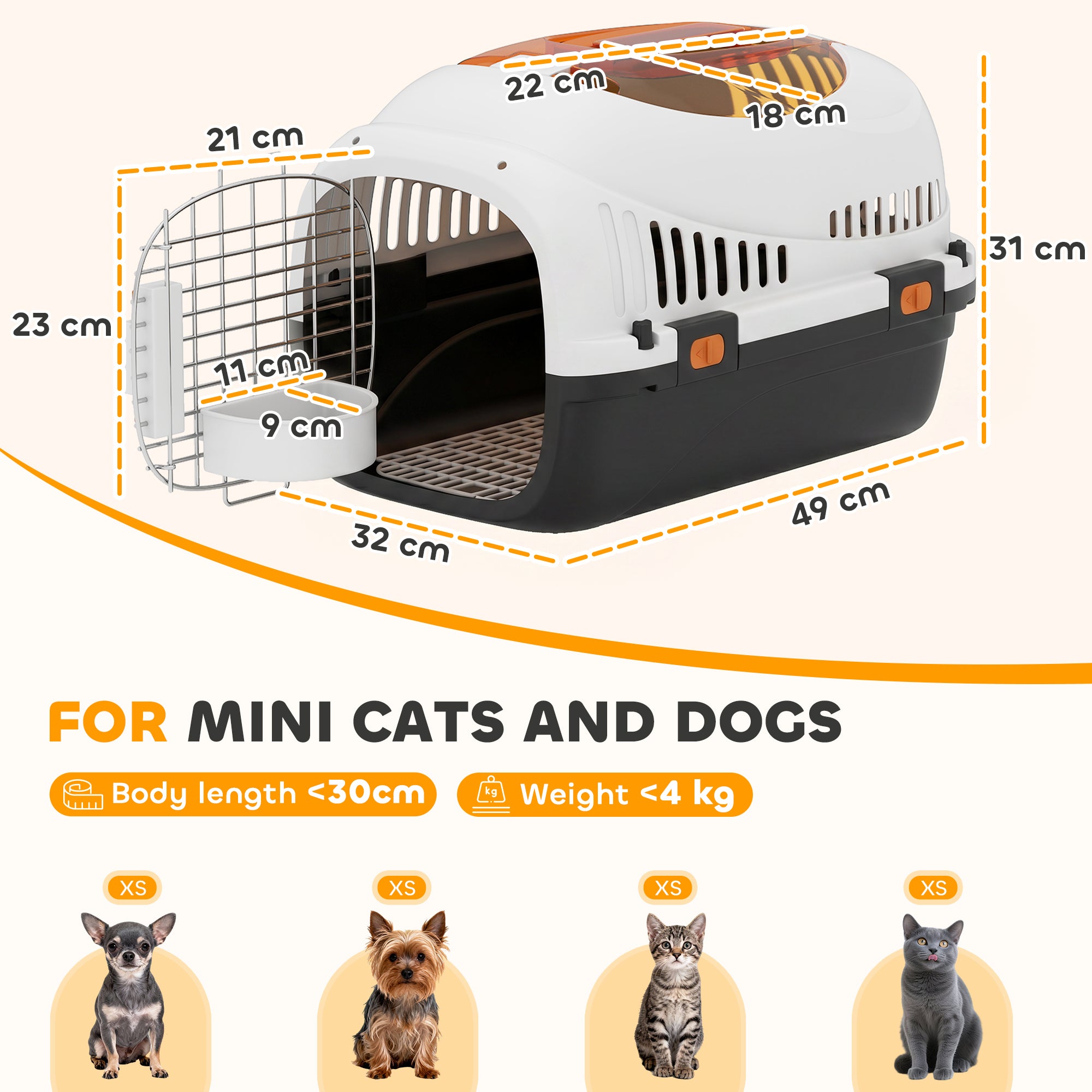 Plastic Cat Carrier, Transport Top Load Pet Carrier Travel Box for Small Dogs and Cats Max 4 KG, 49 x 32 x 31 cm, Steel Door, Feed Bowl, Secure Lock