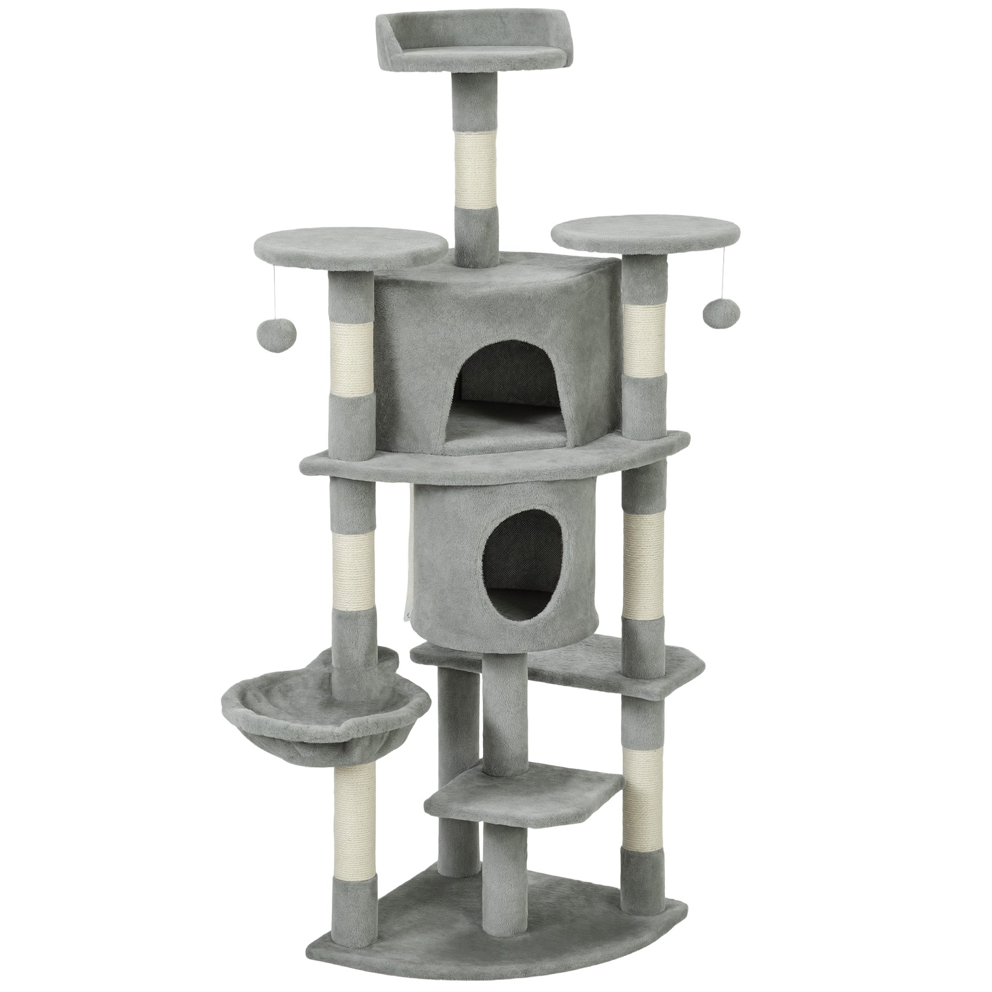 Cat Tree, 62" Multi-Level Cat Tower with Scratching Posts, 2 Condos, Hammock, Perches, Plush, Pompoms, for Indoor Kittens Playing, Resting, Sleeping, Light Grey