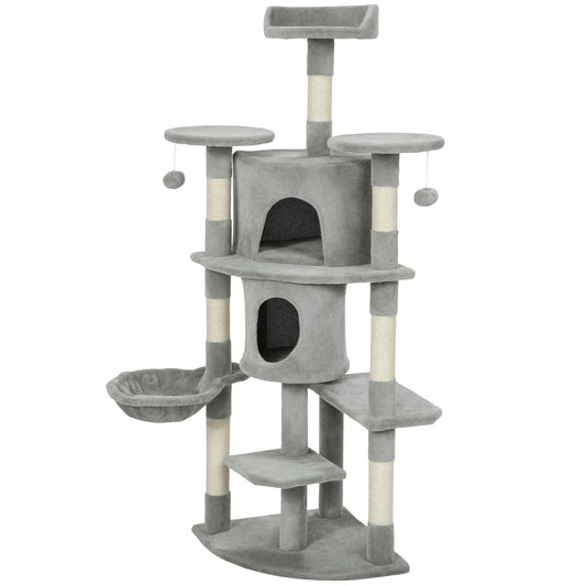 Cat Tree, 62" Multi-Level Cat Tower with Scratching Posts, 2 Condos, Hammock, Perches, Plush, Pompoms, for Indoor Kittens Playing, Resting, Sleeping, Light Grey