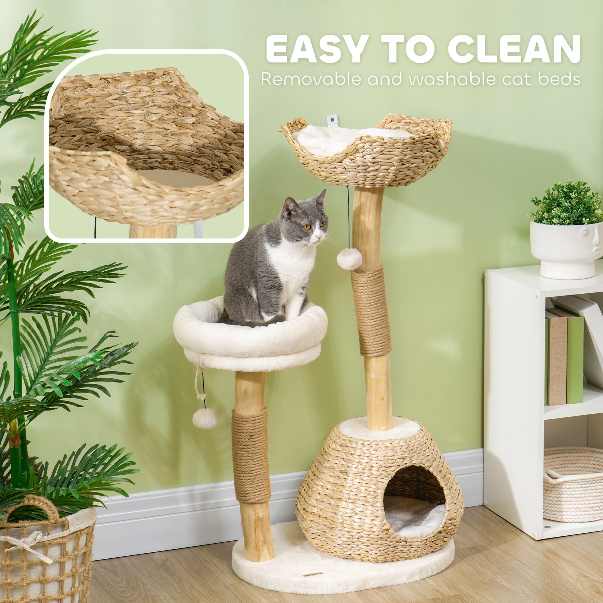 PawHut Cat Tree for Indoor Cats, 41" Wooden Cat Tower with 2 Real Branch Cat Scratching Posts, Luxury Cat Condo, Cat Beds & Toy Balls, Kitten Activity Center & Cat Furniture, Cream White