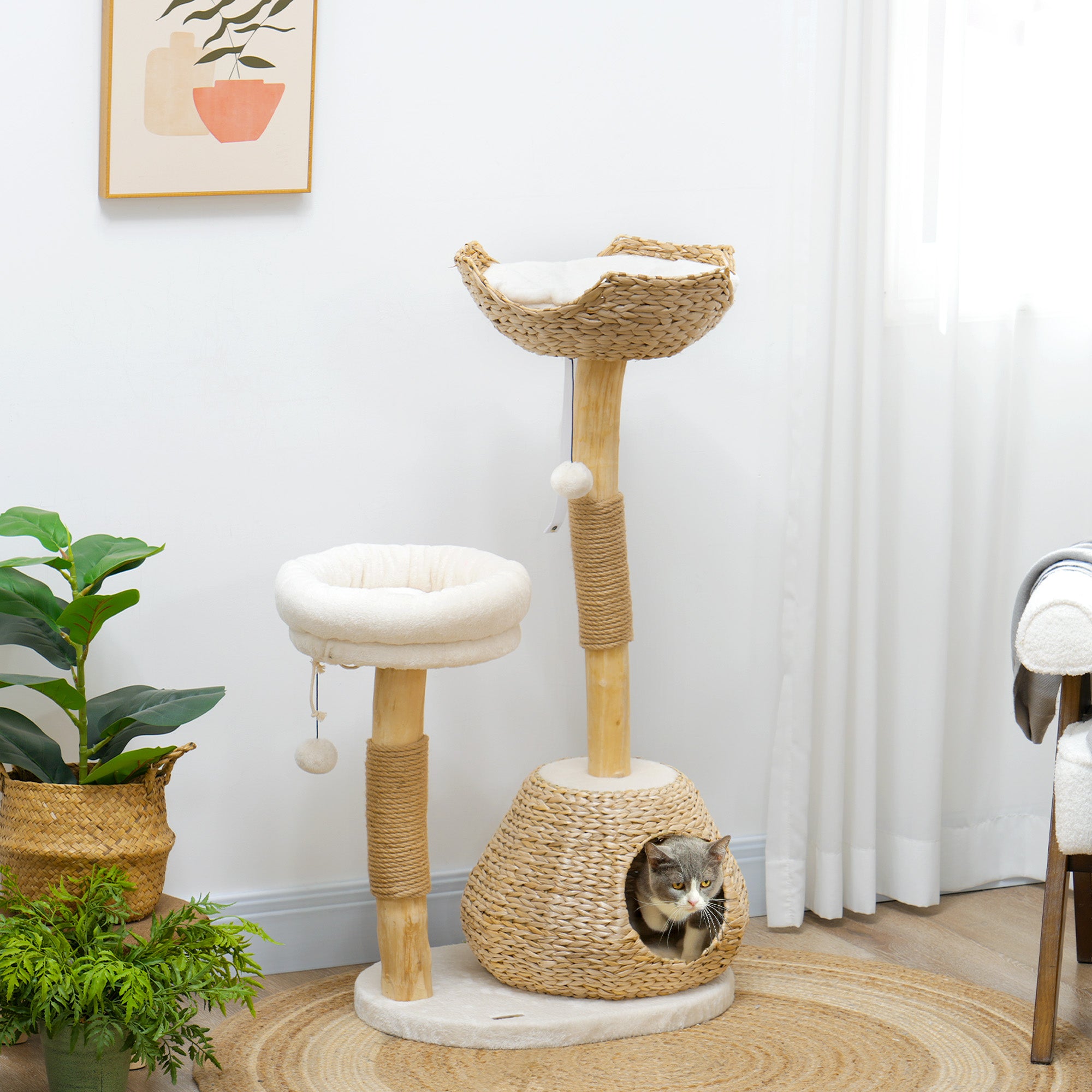 PawHut Cat Tree for Indoor Cats, 41" Wooden Cat Tower with 2 Real Branch Cat Scratching Posts, Luxury Cat Condo, Cat Beds & Toy Balls, Kitten Activity Center & Cat Furniture, Cream White