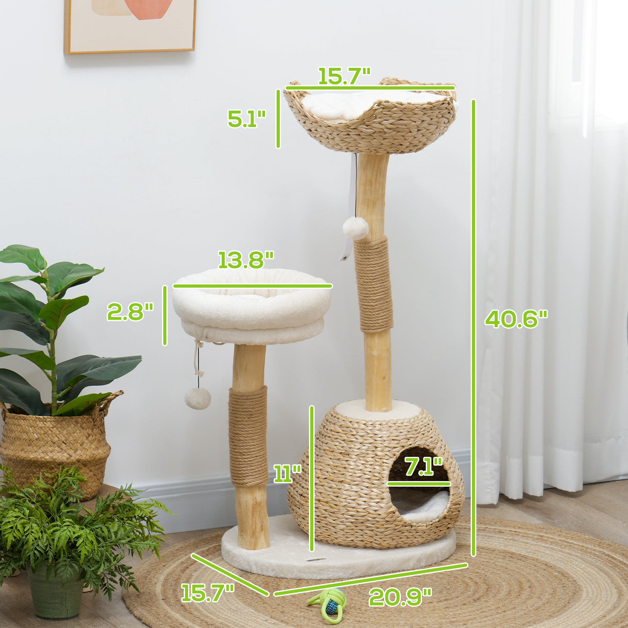 PawHut Cat Tree for Indoor Cats, 41" Wooden Cat Tower with 2 Real Branch Cat Scratching Posts, Luxury Cat Condo, Cat Beds & Toy Balls, Kitten Activity Center & Cat Furniture, Cream White