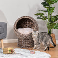 Load image into Gallery viewer, Wicker Cat House, Raised Cat Bed with Cylindrical Base, Soft Washable Cushion, Woven Water Hyacinth Cat Basket for Indoor and Outdoor, 42 x 33 x 52 cm - Dark Brown
