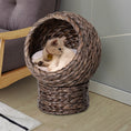 Load image into Gallery viewer, Wicker Cat House, Raised Cat Bed with Cylindrical Base, Soft Washable Cushion, Woven Water Hyacinth Cat Basket for Indoor and Outdoor, 42 x 33 x 52 cm - Dark Brown
