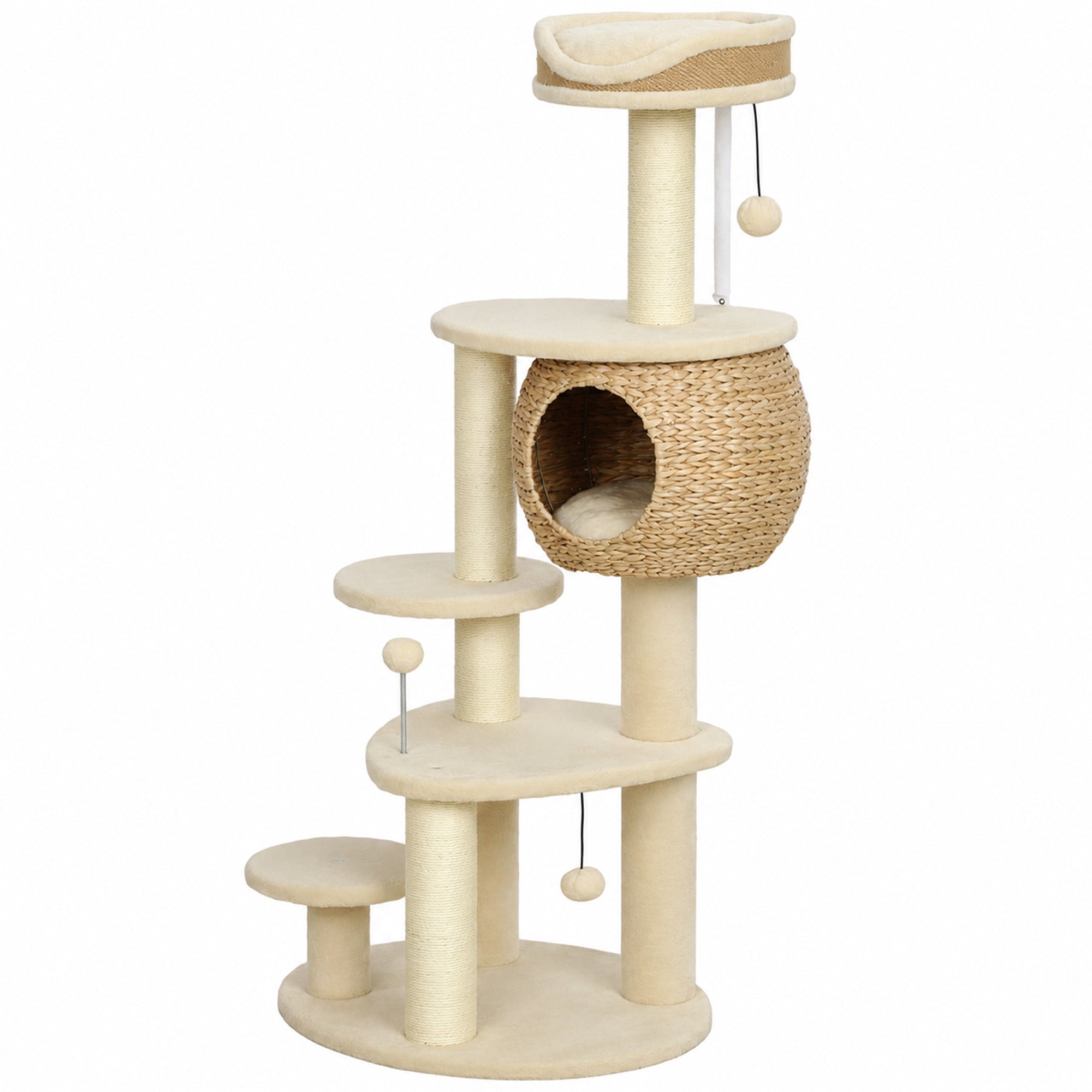 52" Cat Tree, Cat Tower for Indoor Kittens, Multi-Level Kitty Activity Center with Handwoven Cattail Condo, Bed, Platforms, 3 Scratching Posts and 3 Toy Balls, Beige