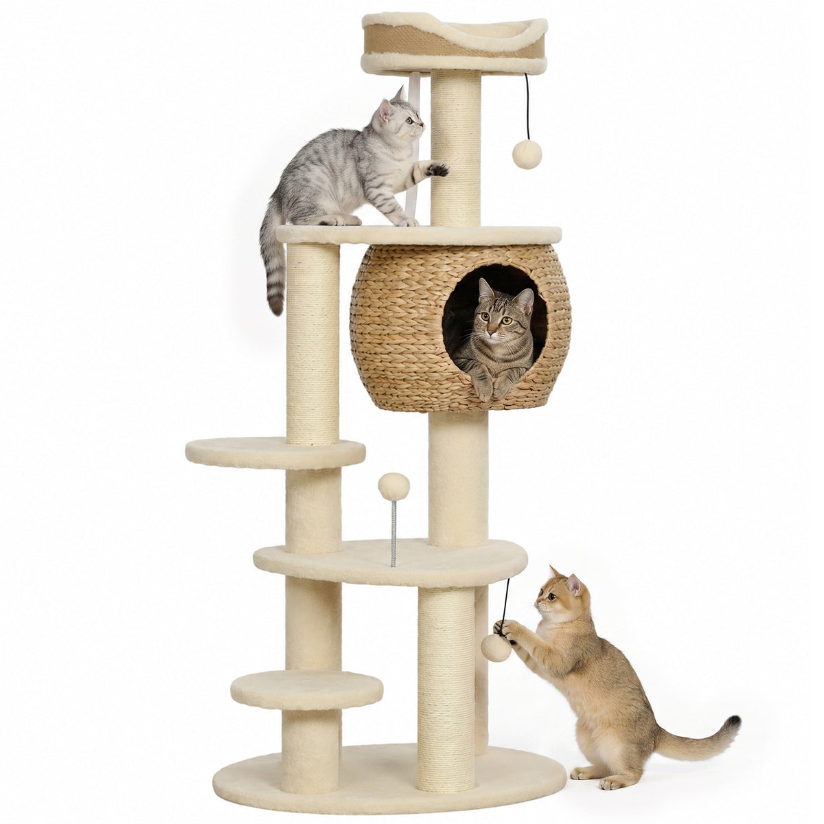 52" Cat Tree, Cat Tower for Indoor Kittens, Multi-Level Kitty Activity Center with Handwoven Cattail Condo, Bed, Platforms, 3 Scratching Posts and 3 Toy Balls, Beige