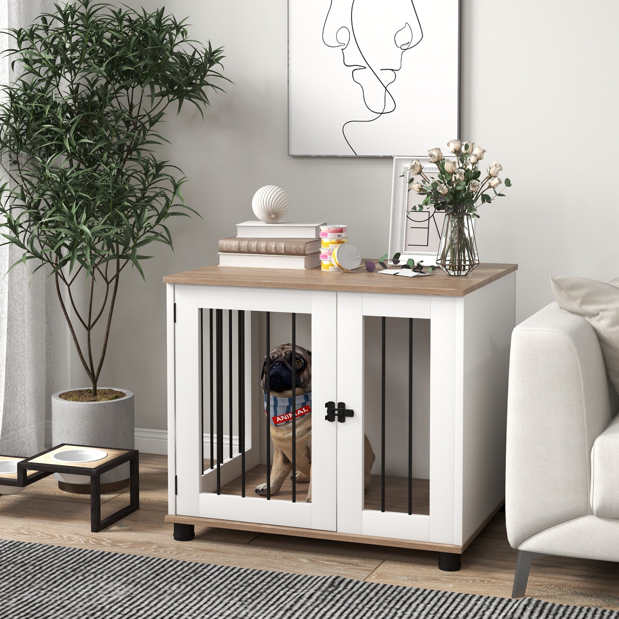 PawHut Dog Crate Furniture, Side Table Indoor Dog Kennel, End Table with Lockable Door for Small and Medium Dogs, Walnut Brown