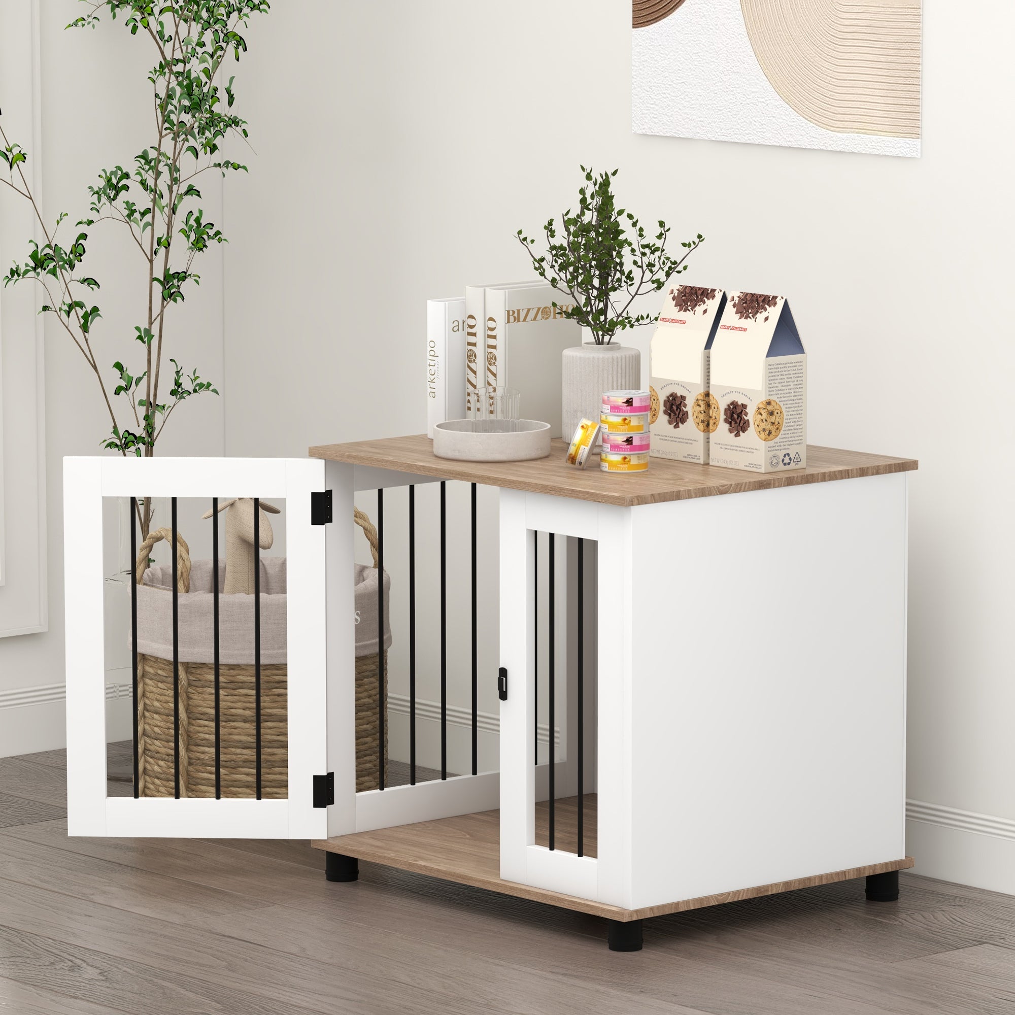 PawHut Dog Crate Furniture, Side Table Indoor Dog Kennel, End Table with Lockable Door for Small and Medium Dogs, Walnut Brown