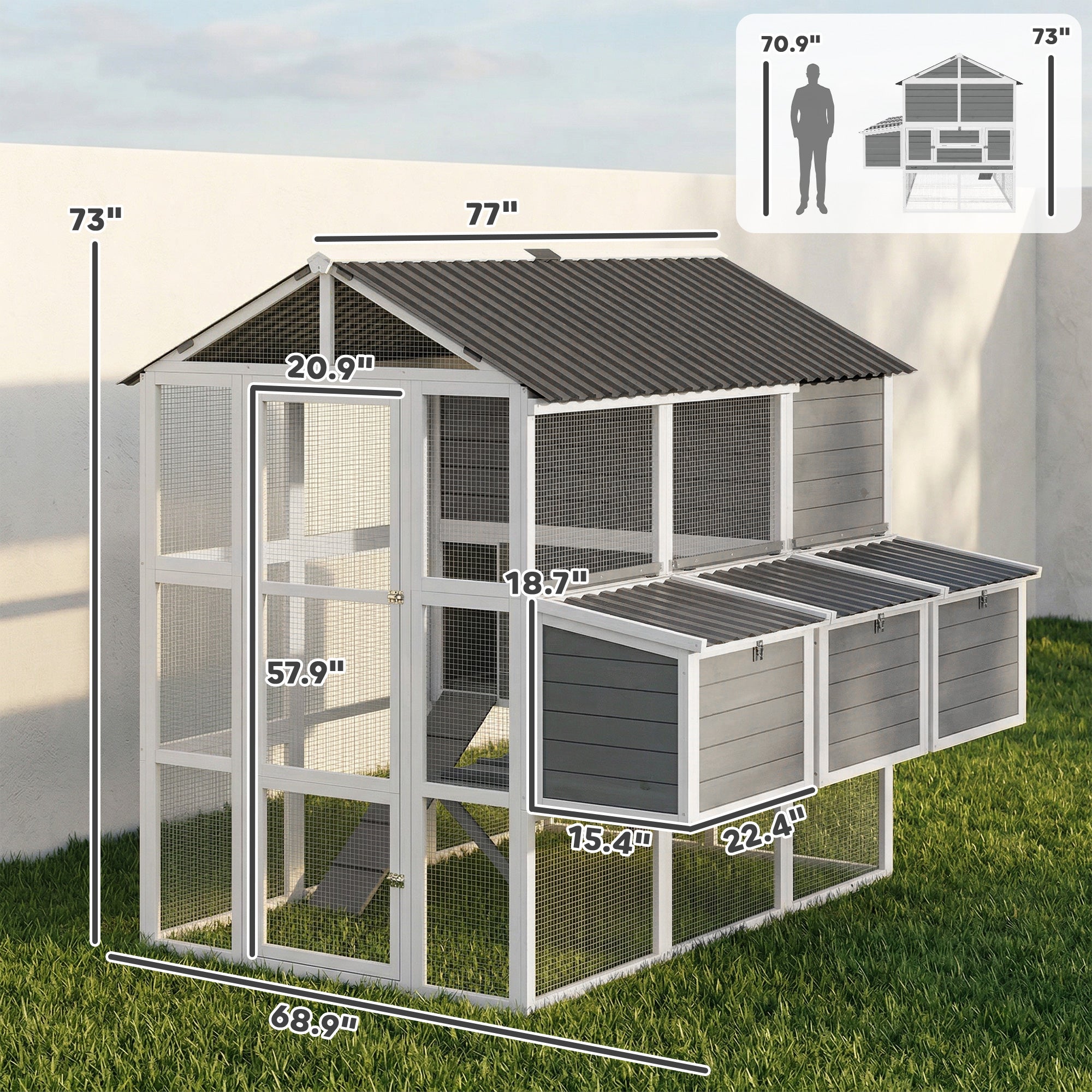 77" Large Chicken Coop for 6-8 Chickens, Outdoor Wooden Hen House Poultry Cage with Run, 3 Nesting Boxes, Waterproof Roof, Removable Tray, Ramp for Farm Backyard, Gray
