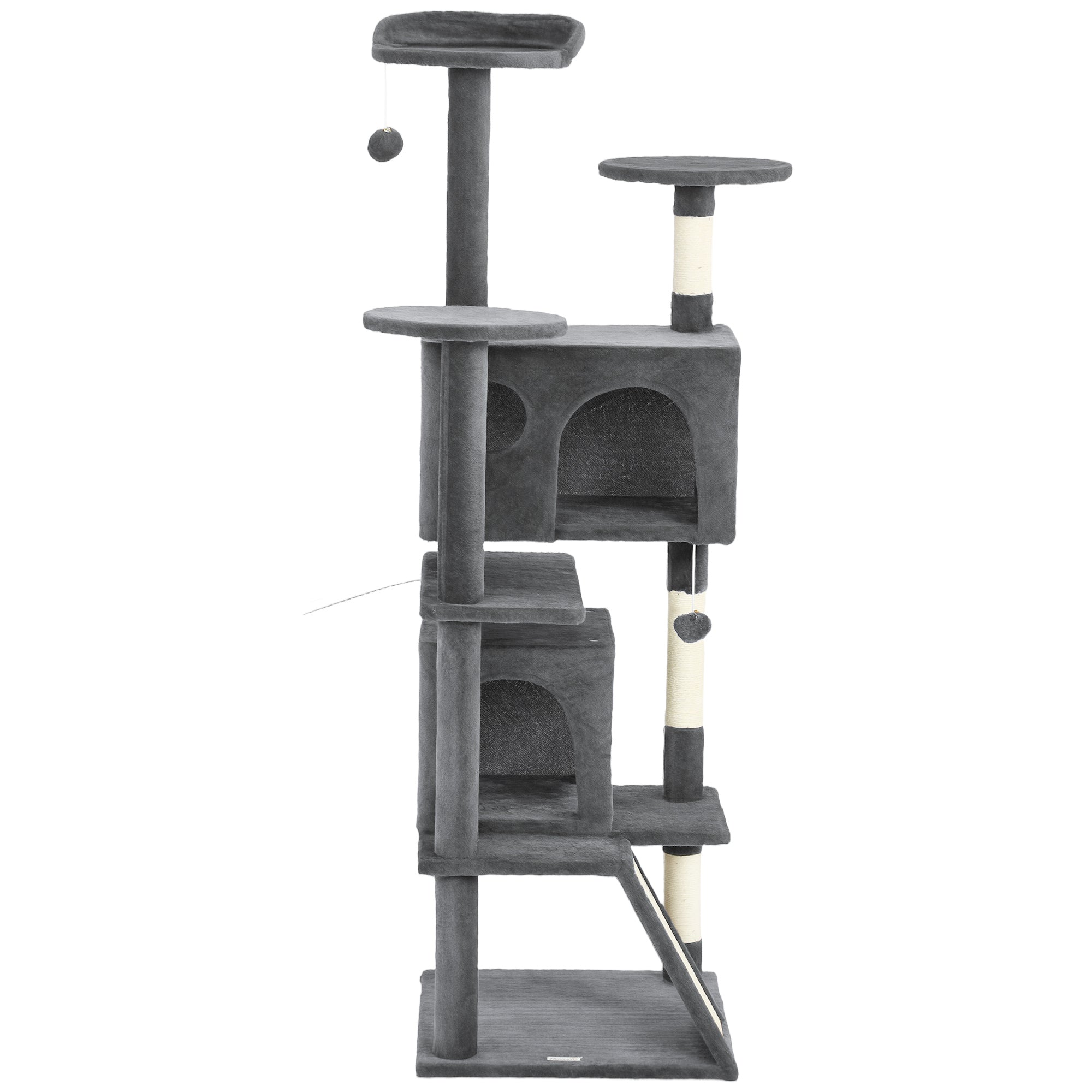 63" Cat Tree, Cat Tower for Indoor Cats with Scratching Posts, Cat Condos, Bed, Platforms, Ramp, Toy Ball, Cat Activity Center, Dark Grey
