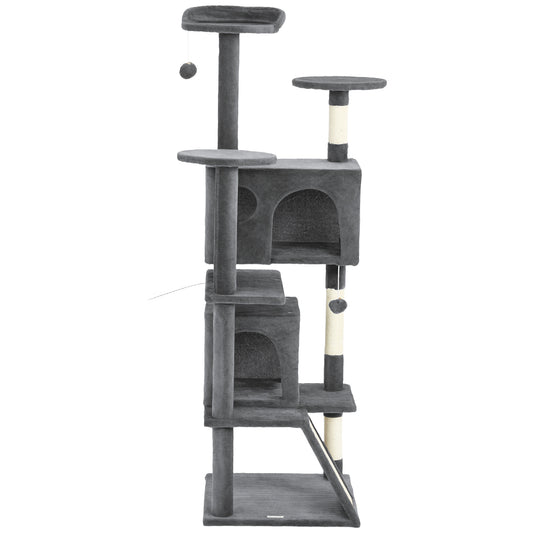 63" Cat Tree, Cat Tower for Indoor Cats with Scratching Posts, Cat Condos, Bed, Platforms, Ramp, Toy Ball, Cat Activity Center, Dark Grey