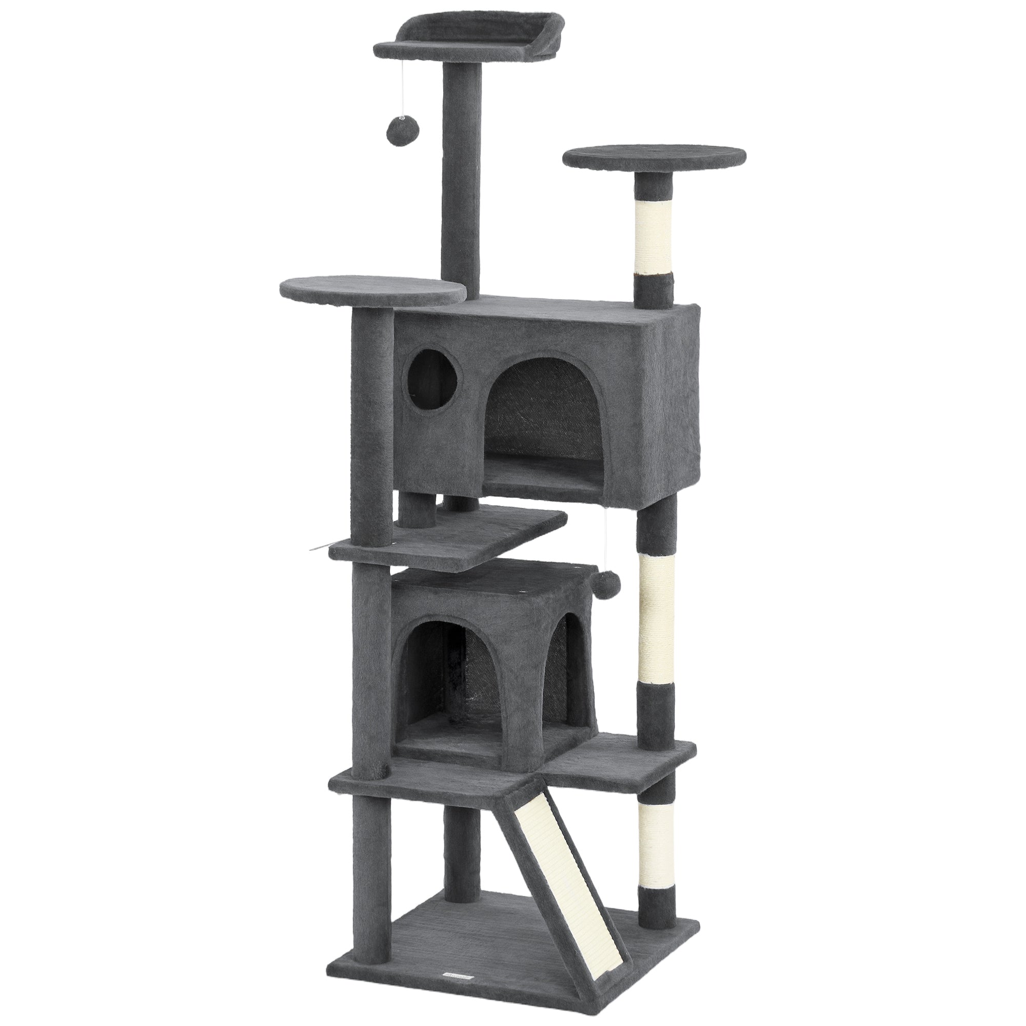 63" Cat Tree, Cat Tower for Indoor Cats with Scratching Posts, Cat Condos, Bed, Platforms, Ramp, Toy Ball, Cat Activity Center, Dark Grey