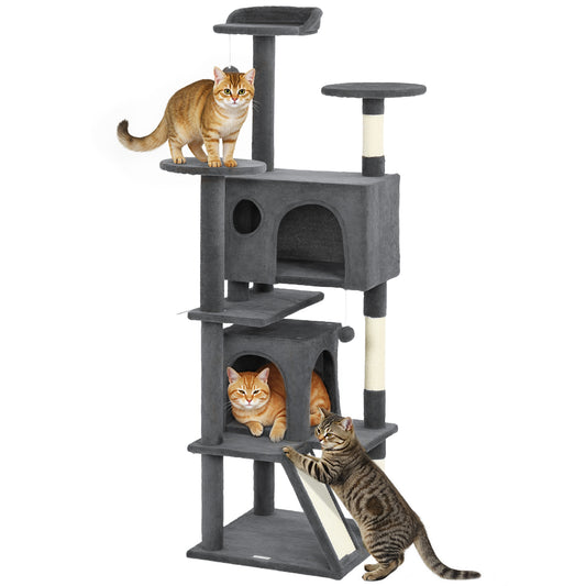 63" Cat Tree, Cat Tower for Indoor Cats with Scratching Posts, Cat Condos, Bed, Platforms, Ramp, Toy Ball, Cat Activity Center, Dark Grey