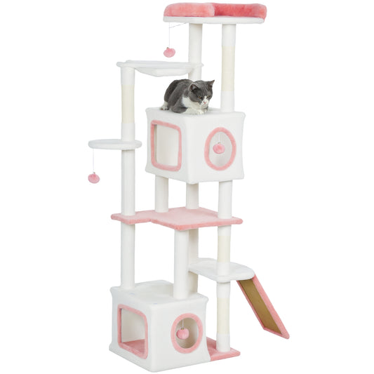Cat Tree for Indoor Large Adult Cats, 65 Inch Kitty Tower Multi-Level with 2 Doors Condos, Plush Top Perch, Hammock, Sisal Scratching Posts, 4 Pompoms, Ramp, White