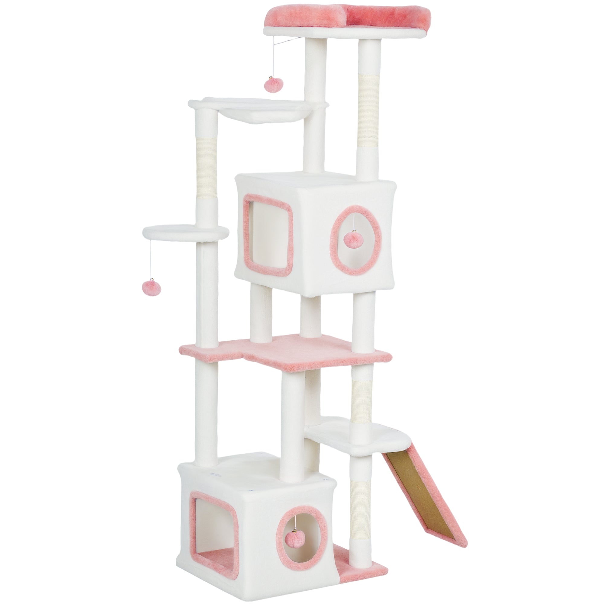 Cat Tree for Indoor Large Adult Cats, 65 Inch Kitty Tower Multi-Level with 2 Doors Condos, Plush Top Perch, Hammock, Sisal Scratching Posts, 4 Pompoms, Ramp, White