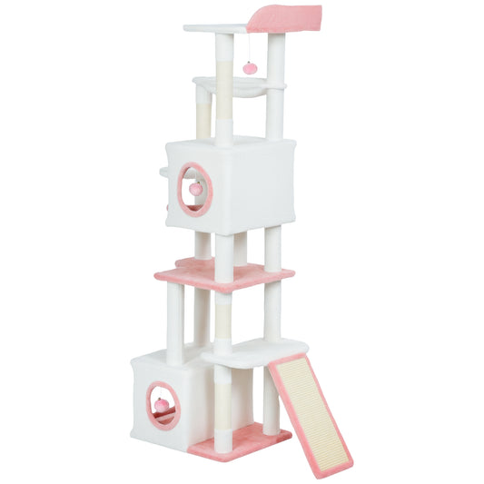 Cat Tree for Indoor Large Adult Cats, 65 Inch Kitty Tower Multi-Level with 2 Doors Condos, Plush Top Perch, Hammock, Sisal Scratching Posts, 4 Pompoms, Ramp, White