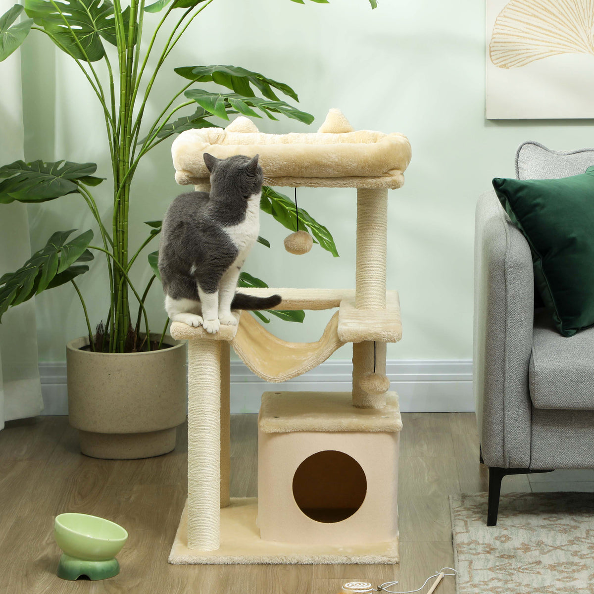 Cat Tree, 90cm Cat Tower with Sisal Scratching Posts, Cat Condo, Hammock, Top Perch and 2 Hanging Toys for Indoor Cats, Beige