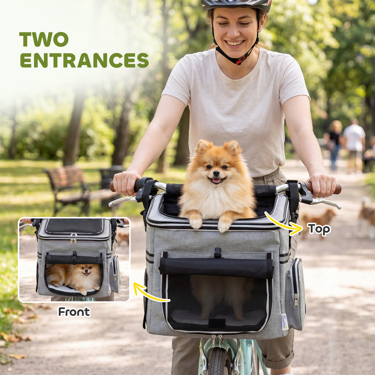 Dog Bike Basket, Soft-Sided Pet Carrier with Security Leash, Mesh Door & Window, Plush Cushion, Bowl for Small Dogs Cats, Up to 5 kg, Portable Breathable, Light Grey