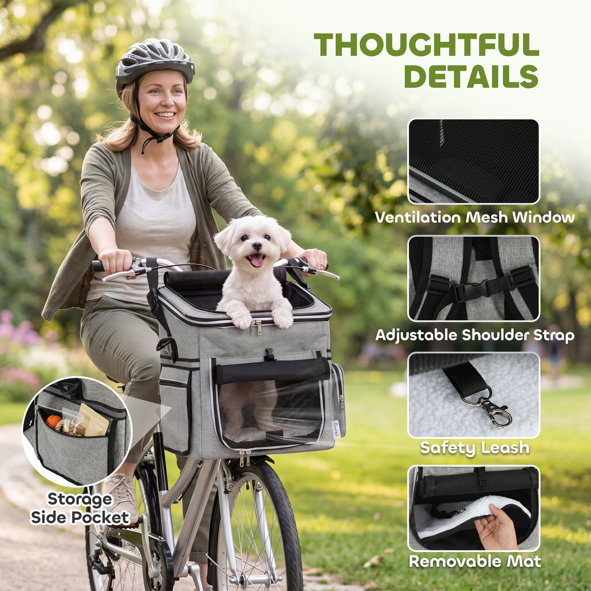Dog Bike Basket, Soft-Sided Pet Carrier with Security Leash, Mesh Door & Window, Plush Cushion, Bowl for Small Dogs Cats, Up to 5 kg, Portable Breathable, Light Grey