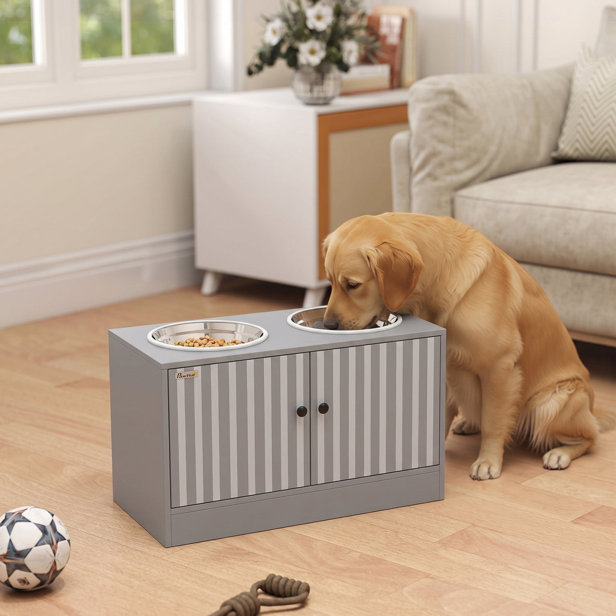 Elevated Dog Bowls with Storage Cabinet, Raised Dog Bowl Stand, Pet Feeding Station with Slow Feeder & Non-Slip, for Large Pets, Gray