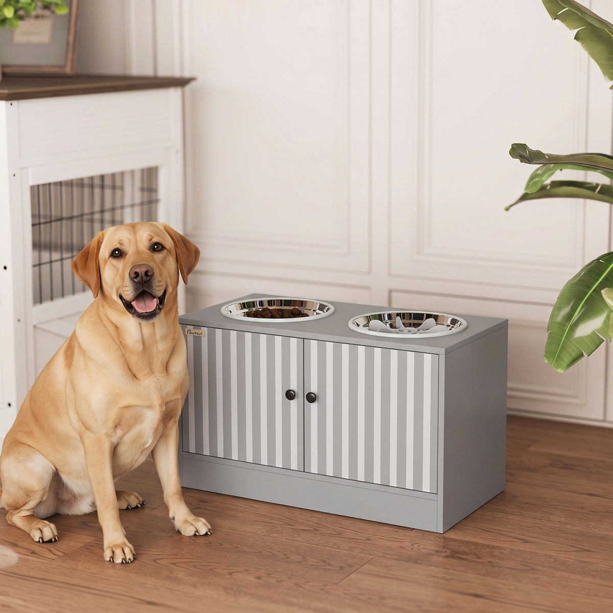 Elevated Dog Bowls with Storage Cabinet, Raised Dog Bowl Stand, Pet Feeding Station with Slow Feeder & Non-Slip, for Large Pets, Gray