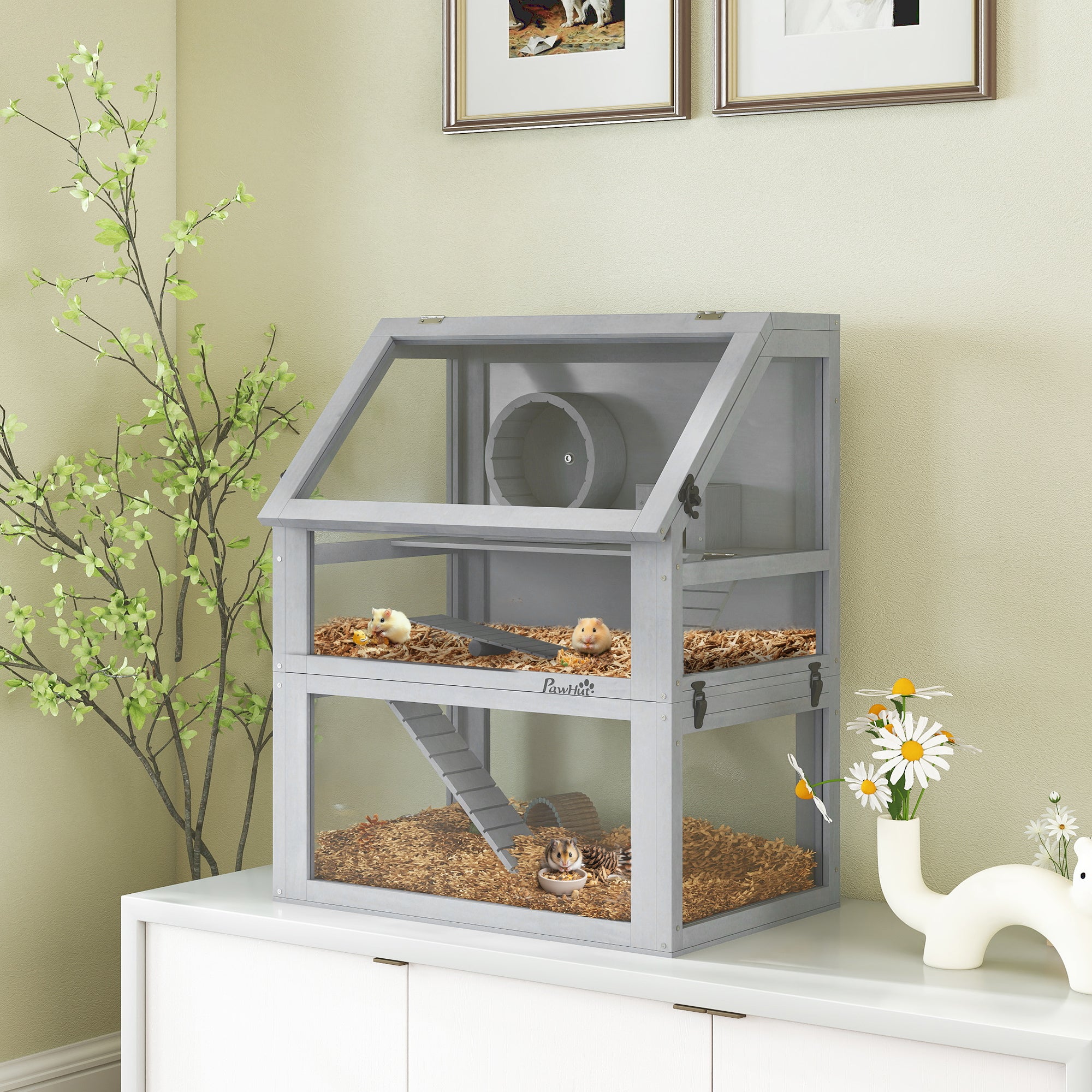 Wooden Hamster Cage, 3 Tier Small Animal Cage with Detachable 12.6" Deep Bottom, Hut, Seesaw, Exercise Wheel, Ramps, Hamster Habitat for Dwarf, Gerbil, 24" x 16" x 29.5"