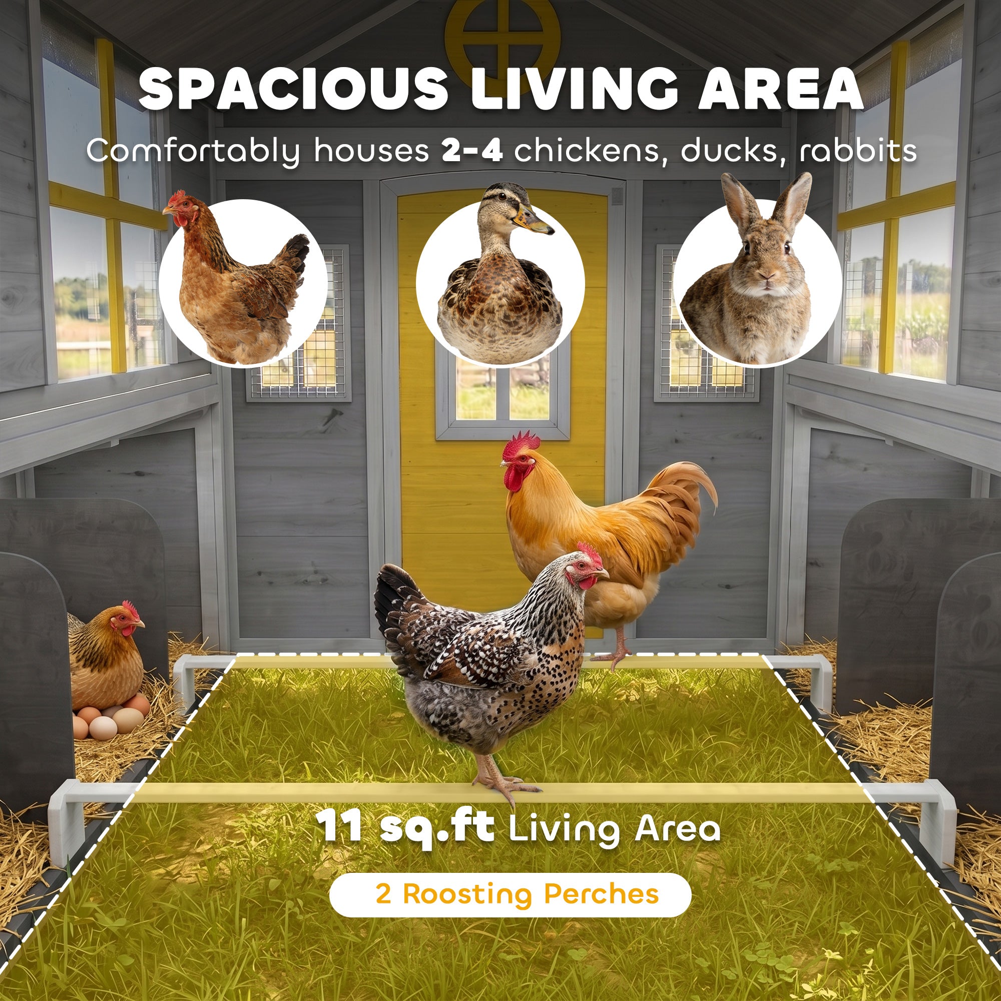 Wooden Chicken Coop, Hen House for 2-4 Hens, Outdoor Playhouse Poultry Cage with 2 Nesting Boxes, Waterproof Roof, Windows, Chicken Hutch for Farm Backyard, 72" x 50" x 54", Gray