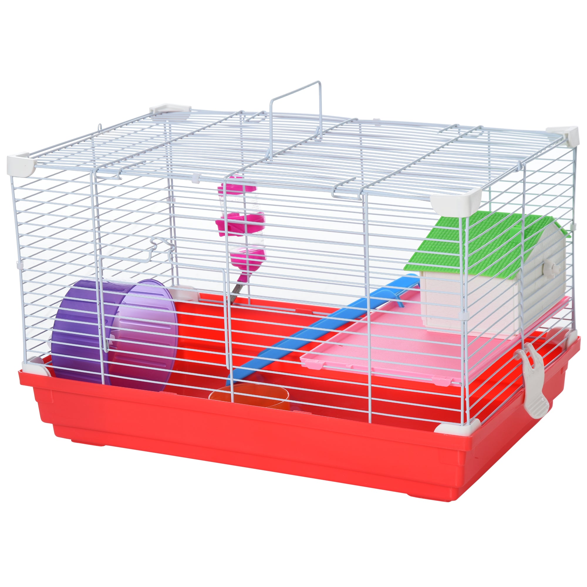 PawHut 18.5" Hamster Cage with Exercise Wheel and Water Bottle, Dish, Rat House and Habitat 2-Story Design, Red