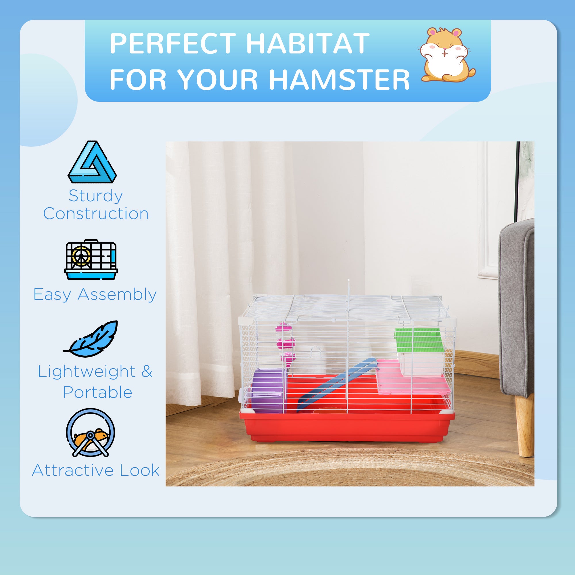 PawHut 18.5" Hamster Cage with Exercise Wheel and Water Bottle, Dish, Rat House and Habitat 2-Story Design, Red