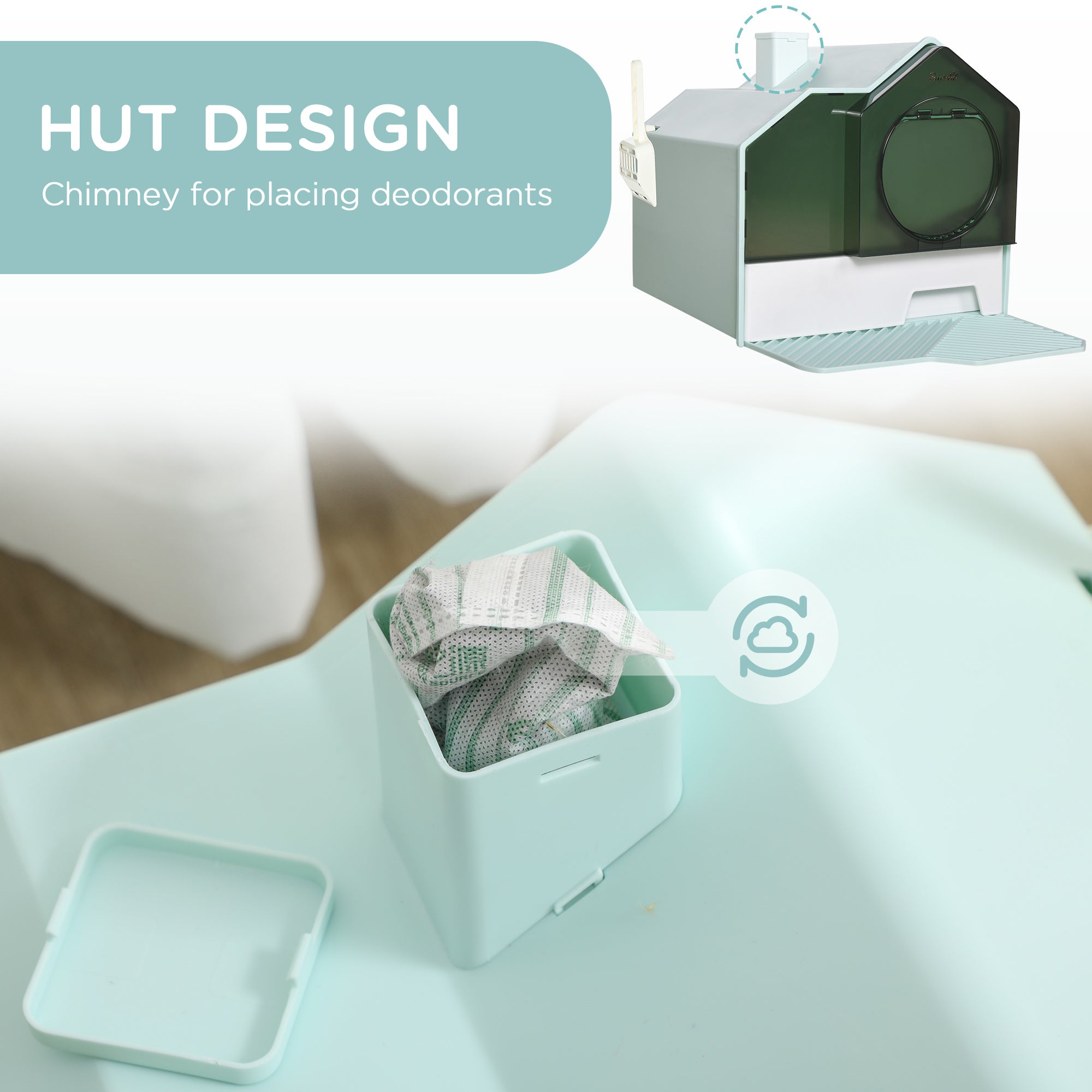 Hooded Cat Litter Tray with Scoop, Cat Litter Box with Drawer Pan, Handle, Deodorants, Hut Design, Front Entrance, 47 x 45 x 42cm - Light Blue