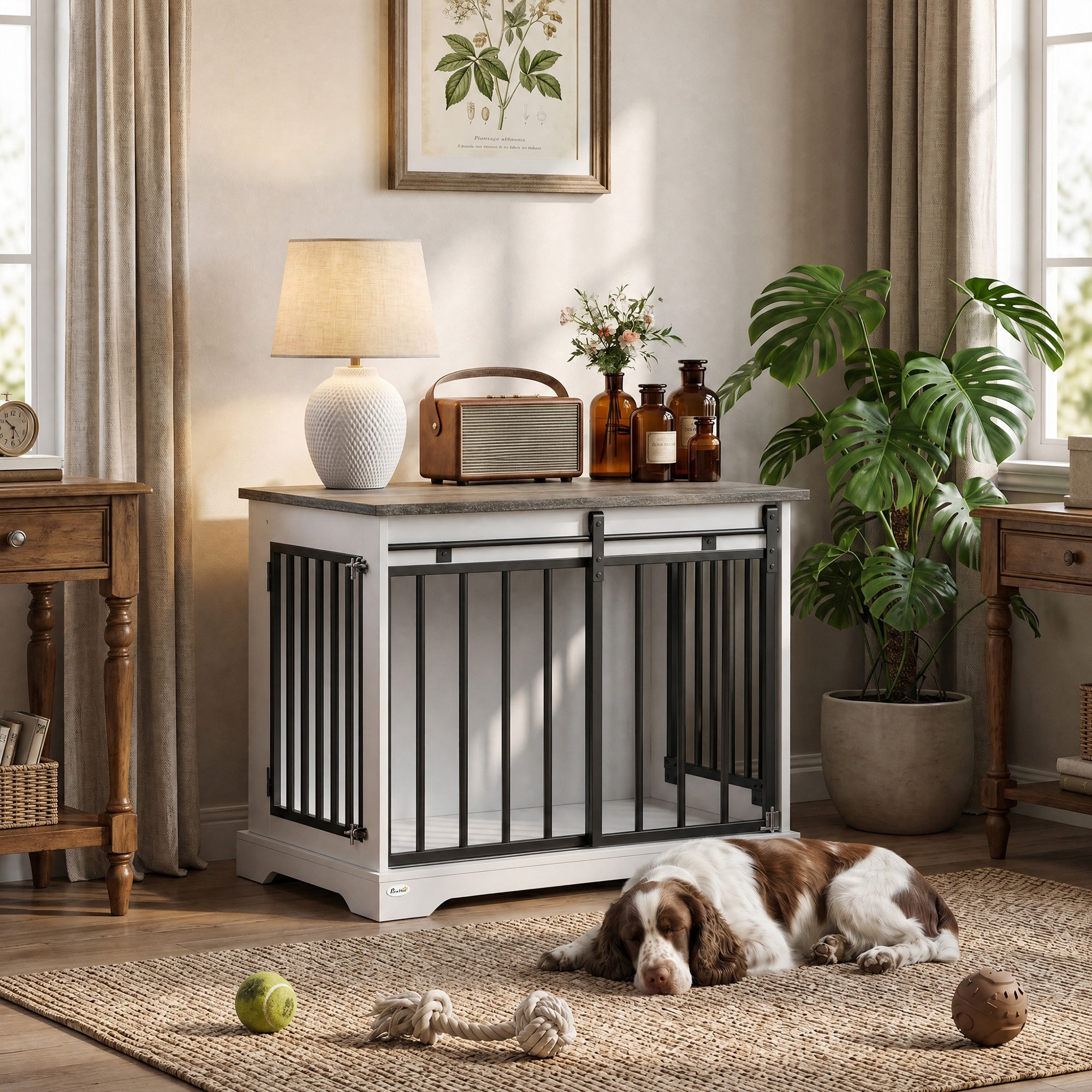 Dog Crate Furniture, 80 cm Double Door Wooden Dog Crate with Sliding Barn Door, Indoor Kennel End Table for Medium Breeds, Anti-Chew Steel Puppy Cage, White