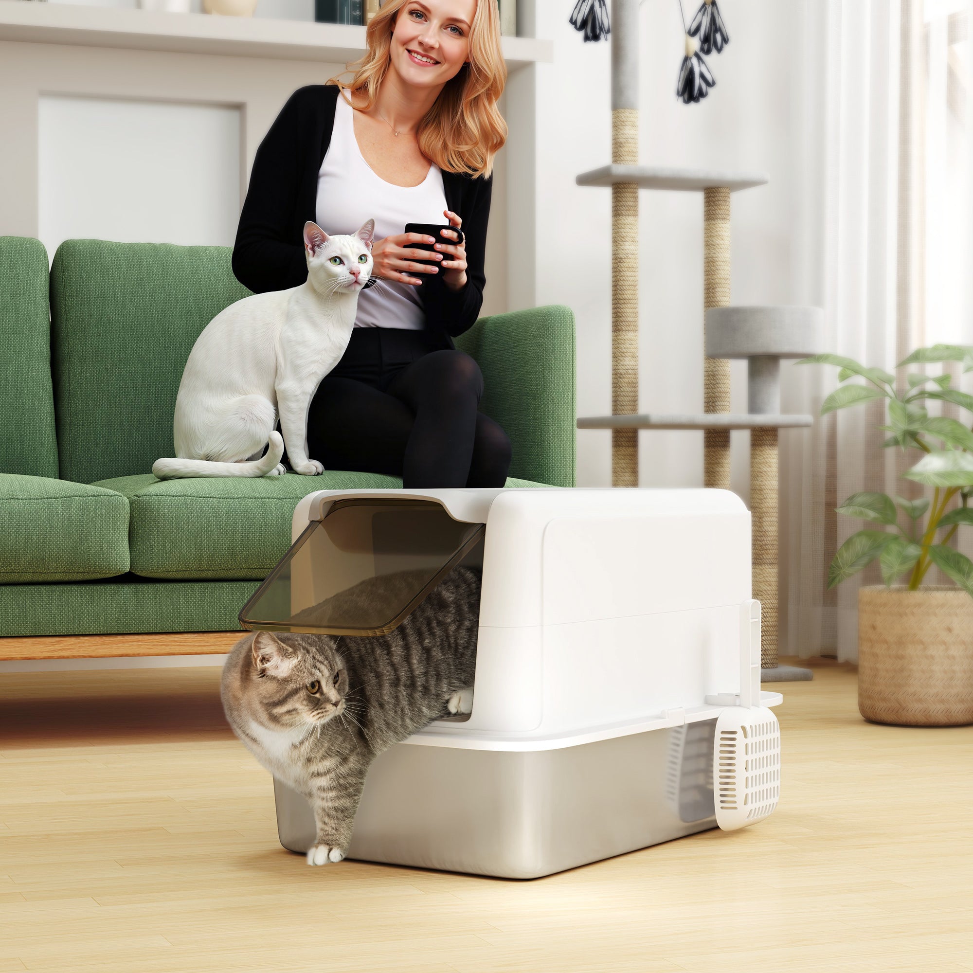 Stainless Steel Cat Litter Box with Removable Lid, Extra Large Litter Box with Scoop, Metal Litter Box for Small to Large Cats, Easy to Clean, White