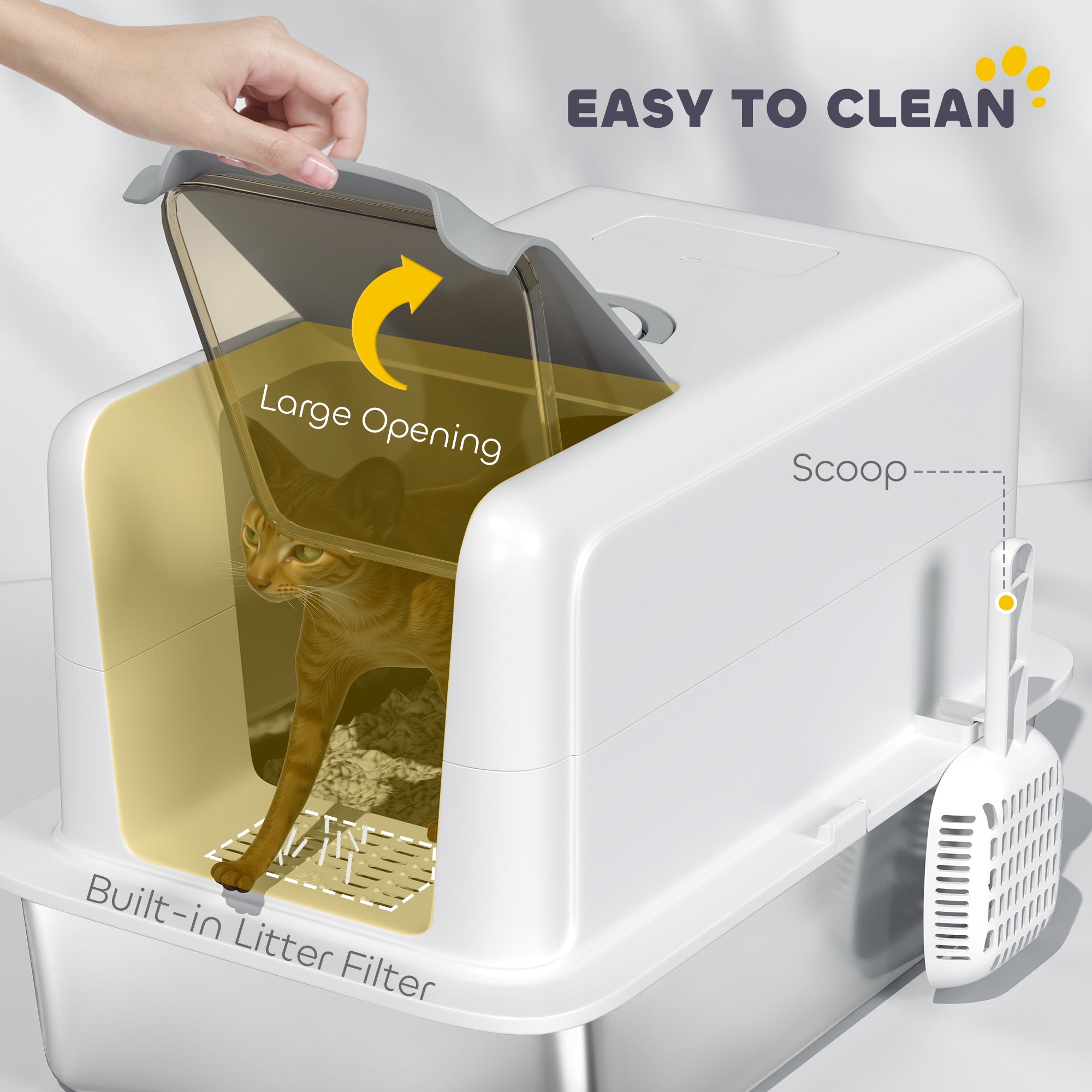 Stainless Steel Cat Litter Box with Removable Lid, Extra Large Litter Box with Scoop, Metal Litter Box for Small to Large Cats, Easy to Clean, White