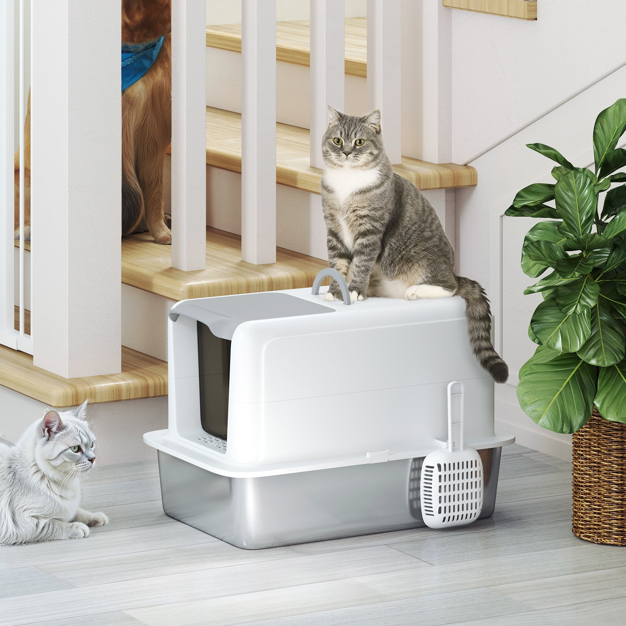 PawHut 2 in 1 Stainless Steel Cat Litter Box with Removable Lid, Scoop, Filter Bags, for Small to Large Cats, White
