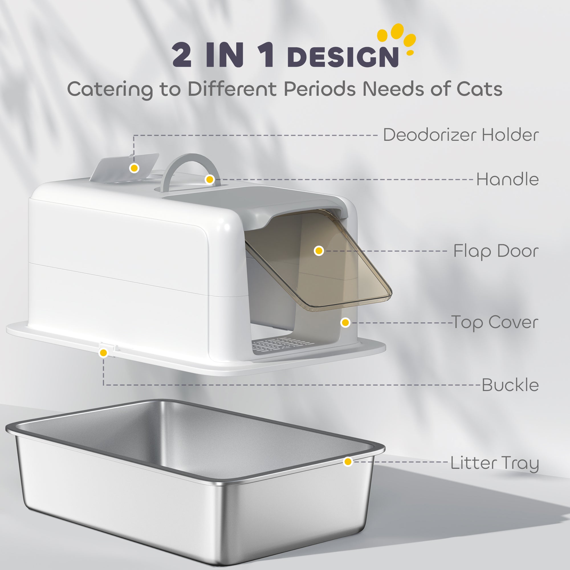 PawHut Stainless Steel Cat Litter Box, Extra Large 2 in 1 Kitty Litter Box with Removable Lid & Scoop, Filter Bags, High Enclosure, Metal Litter Box Pan for Small to Large Cats, Easy to Clean, White