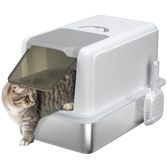 Stainless Steel Cat Litter Box with Removable Lid, Extra Large Litter Box with Scoop, Metal Litter Box for Small to Large Cats, Easy to Clean, White