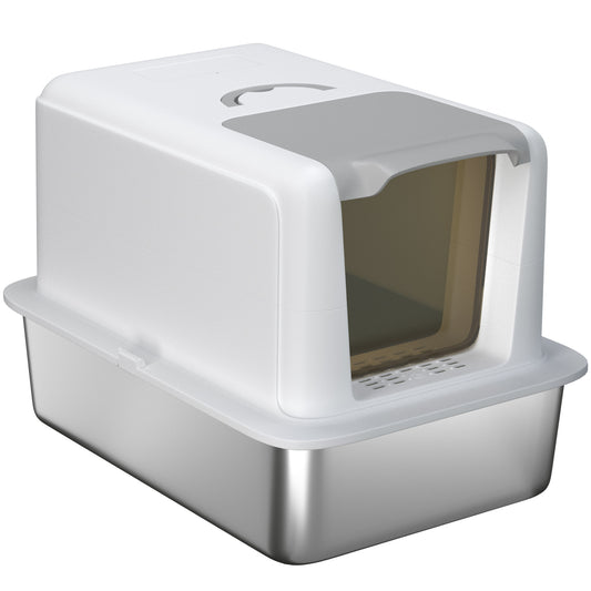 Stainless Steel Cat Litter Box with Removable Lid, Extra Large Litter Box with Scoop, Metal Litter Box for Small to Large Cats, Easy to Clean, White