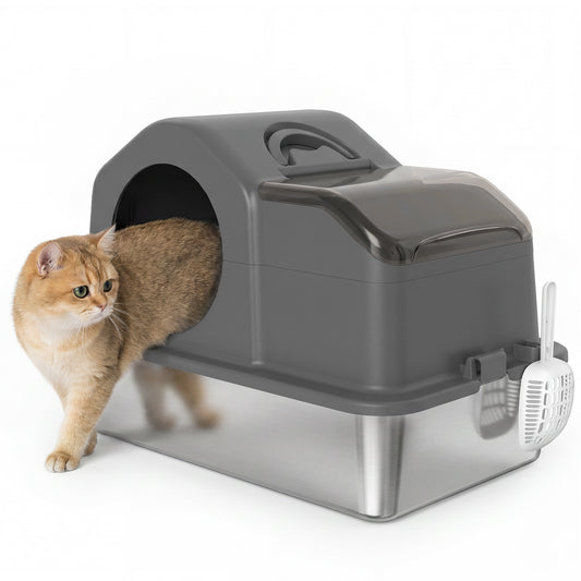 Stainless Steel Cat Litter Box with Removable Lid, Extra Large Enclosed Litter Box with High Sided, Scoop, Odor Free, Non-Sticky, Anti-Leakage, Easy Clean, Dark Grey