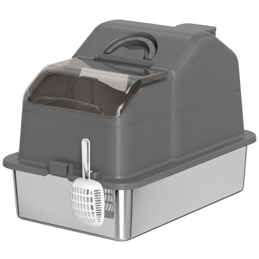 Stainless Steel Cat Litter Box with Removable Lid, Extra Large Enclosed Litter Box with High Sided, Scoop, Odor Free, Non-Sticky, Anti-Leakage, Easy Clean, Dark Grey